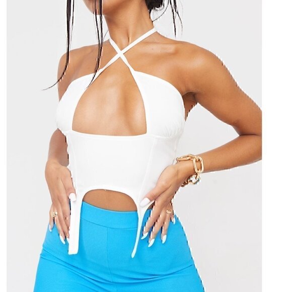 NEW NWT PRETTYLITTLETHING Woven Cross Front Cutout Stirrup Hem Top Cream Ivory 8 - Picture 3 of 12